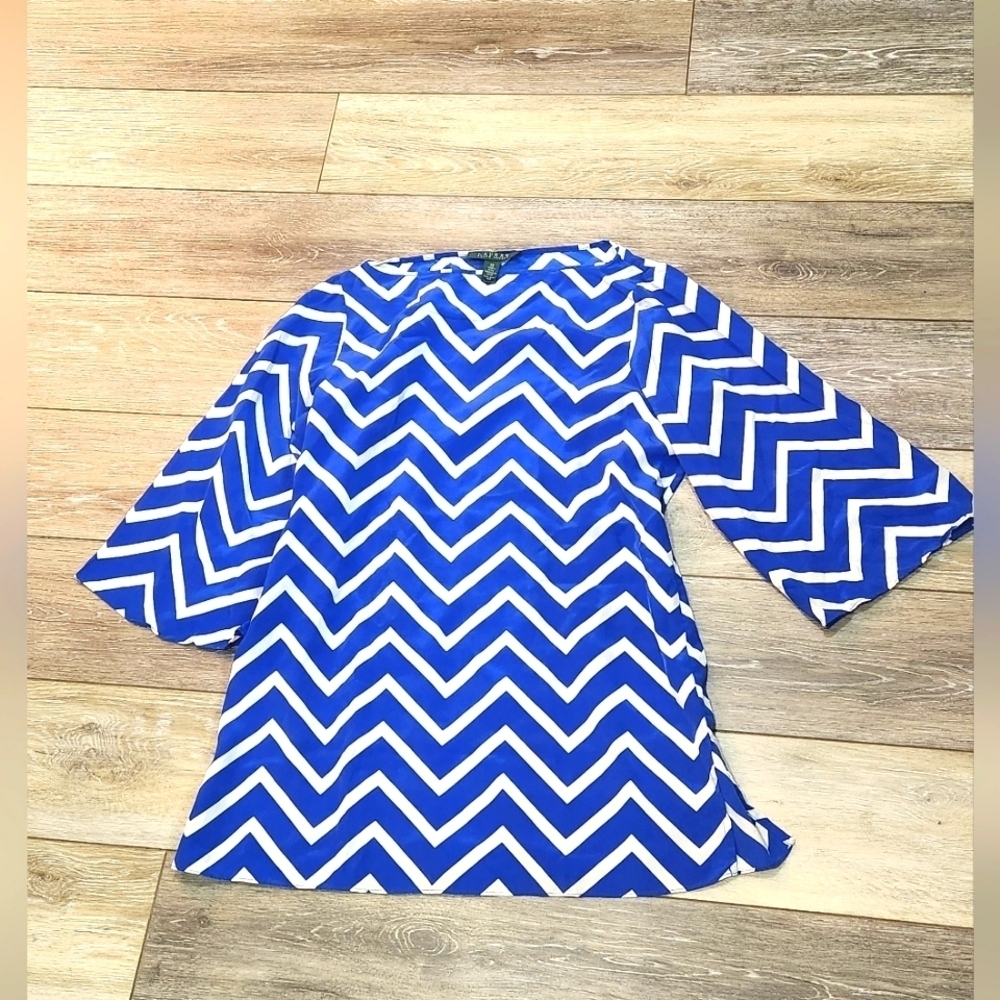 Lauren Ralph Lauren Blue Chevron Print 100% Silk Bell Sleeve Tunic Top Xsmall
